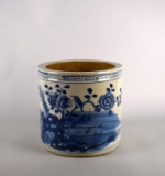 Antique Hand Turned Blue & White Oriental Ceramic Orchid Pot / Jardiniere with Bird & Floral Motif
