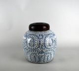 Blue & White Oriental Ceramic Ginger Jar with Pierced Wooden Lid, Hong Kong