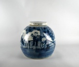 Antique Blue & White Oriental Ceramic Lidded Ginger Jar with Immortals Motif