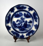Antique 1850s Wedgwood Ironstone Chapoo Oriental Pagoda Flow Blue Ceramic Plate with Stand