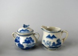 Vintage Blue & White Porcelain Chinese Sugar & Creamer with River Landscape & Butterfly Finial