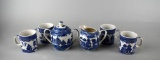 Six Piece Vintage Chinese Blue Willow Tea Set: Sugar, Creamer, & Four Mugs