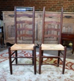 Pair of Walnut Arched Ladderback Chairs with Woven Rush Seats