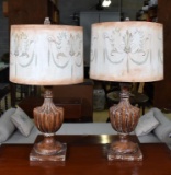 Pair of Contemporary Carved Wooden Urn Form Table Lamps with Swag Patterned Canvas Shades