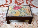 Small Floral Needlework Seat Patterned Oak Footstool
