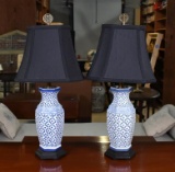 Pair of Oriental Style Blue & White Porcelain Table Lamps with Dark Fabric Shades