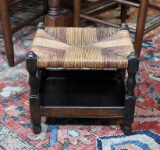 Vintage Woven Rush Seat Footstool with Tray Shelf