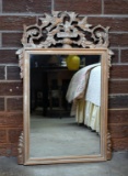 Neutral White-Washed Wood 3' Wall Mirror with Fancy Bird Motif Pediment