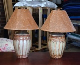 Pair of Light Green Glazed Pottery and Rattan Table Lamps with Parchment Shades