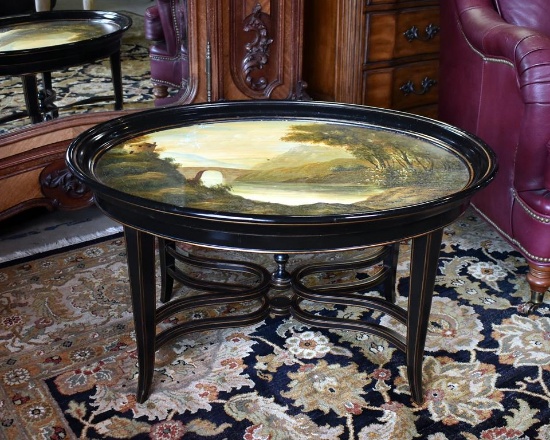 Lovely Oval Hand Painted Landscape Coffee Table with Gilt-Lined Black Wooden Base