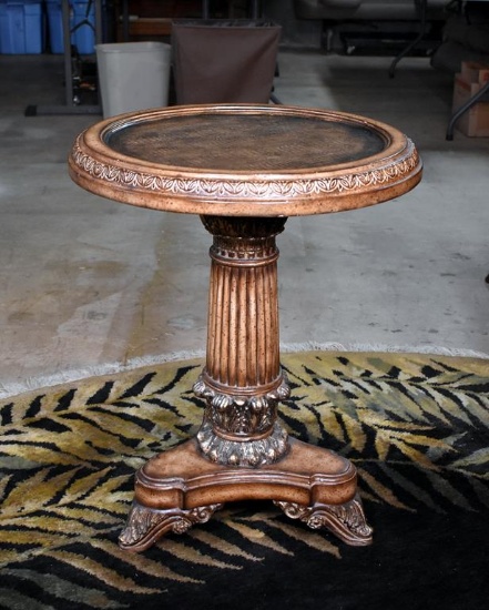 Light Gilt Finish Round Wooden Pedestal Side Table with Alligator Hide Inlaid Top