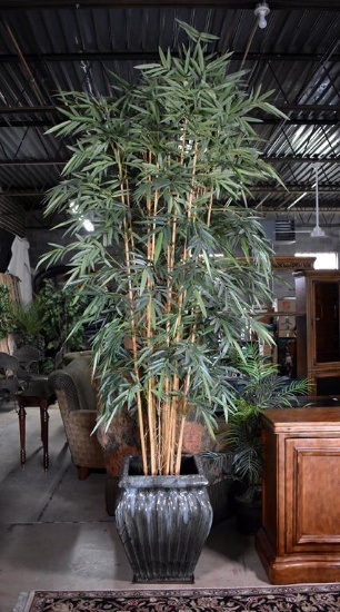 Sizable Green Drip Glaze Ceramic Planter with Faux Bamboo Tree III