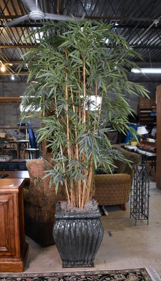Sizable Green Drip Glaze Ceramic Planter with Faux Bamboo Tree IV