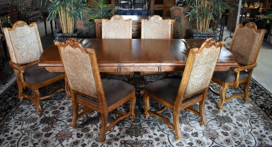 Handsome French Country Birch Wood Trestle Dining Table with Leaf