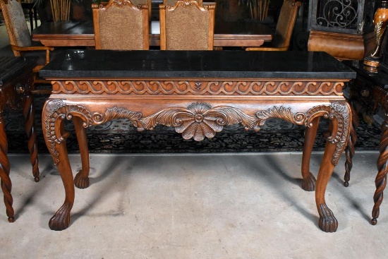 Fabulous Carved Walnut Console Table with Paw Feet, Faux Black Stone Top