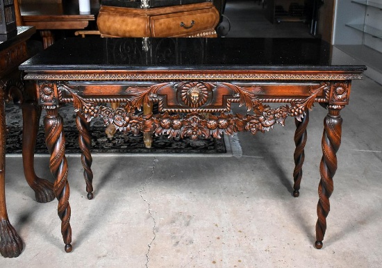 Fine Black Stone Top Carved Walnut Console Table with Twist Legs, Gilded Lions Head Medallions