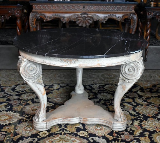 Black Stone Topped Center or Library Table with White Washed Base, Paw Feet