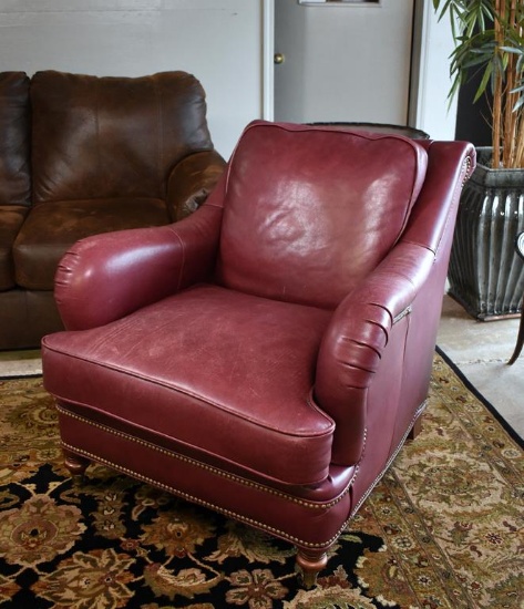 Bradington Young Burgundy Leather Lounge Chair with Brass Nailhead Trim & Front Caster Feet