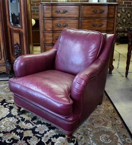 Bradington Young Burgundy Leather Lounge Chair with Brass Nailhead Trim & Front Caster Feet