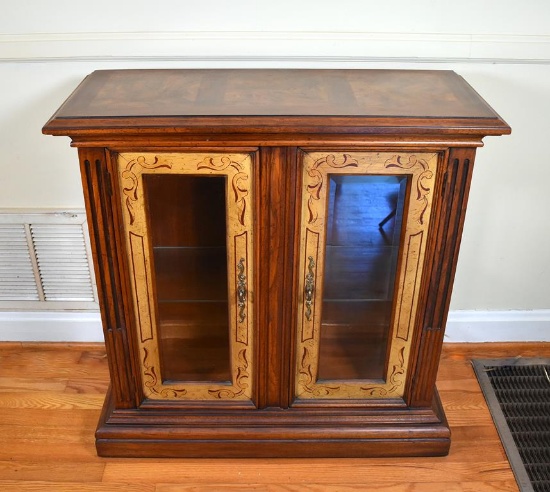 Fine Vintage Burl Walnut Lighted Curio Display Cabinet with Stenciled Doors