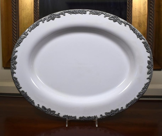 Arthur Court 18.5” White Earthen Metalware Oval Platter, Pewter Rim, Includes Display Stand