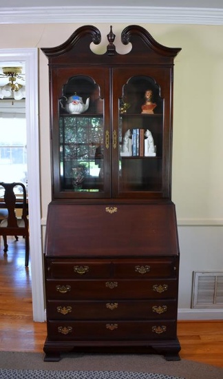 Elegant Vintage Chippendale Style Cherry Secretary and Hutch with Scroll Pediment
