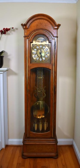 Handsome Vintage Howard Miller Oak Tall Case Grandfather Clock with Moon Dial