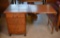 Vintage Oak Folding Sewing Work Table with Three Drawers on Caster Feet