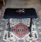 Small Victorian Antique Wrought Iron Bench with Lion Mask Motif and Needlepoint Seat