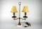 Vintage 19” Brass & Glass Electric Lamp with Two Arms & Stone Base, Faux Leather Shades