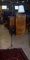 Vintage Black Metal Tripod Electric Floor Lamp with Paneled Cloth Shade & Brass Finial