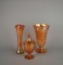 Lot of Three Marigold Carnival Glass Pieces: Two Vases & One Imperial Lidded Candy Dish