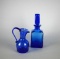 Lot of Two Blown Cobalt Glass Pieces: Heart-Shaped Lip Pitcher & Decanter with Stopper