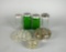 Lot of Seven Vintage Pieces of Green & Clear Utilitarian Pressed Glass, Flower Frogs