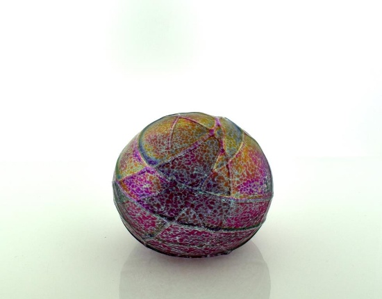 Ornamental Blown Glass Iridescent Spatter & Threaded Design Paperweight Etched “OBG”, Oregon