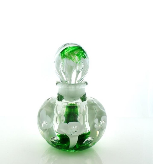 Joe St. Clair Glass Perfume Bottle, Green & White Trumpet Lilies with Bubbles, Indiana