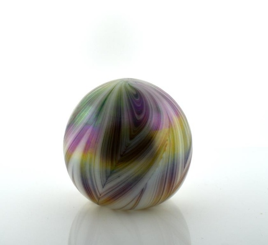 Gibson Glass Co. Iridescent White & Gold Pulled Feather Paperweight, 1984 West Virginia