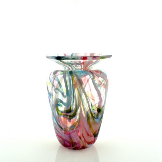 Toe River Studio Loretta Ford Pink & Blue Swirl Art Glass Vase, Unsigned, No. Carolina
