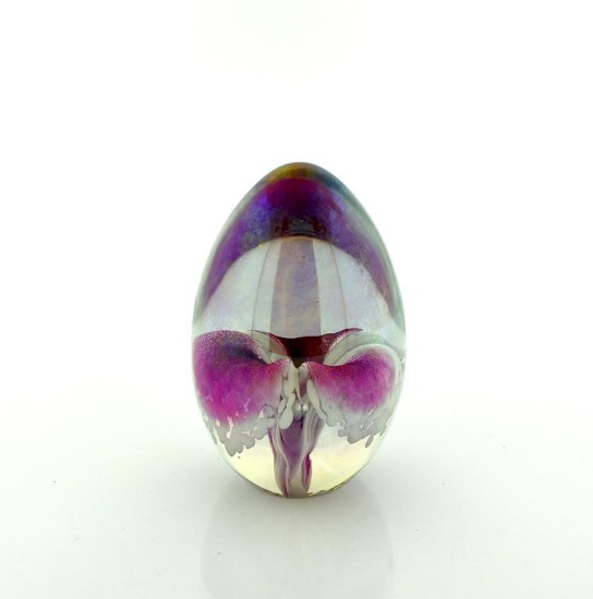 Mt. St. Helens Egg-Shaped Iridescent w/ Pink/White Flower Art Glass Paperweight, Etched “MSH 89”
