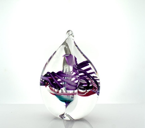 Schmidt Rhea Glass Upright Swirling Ribbons Teardrop Paperweight, Etched “S/R” , Ariz./New Mex.