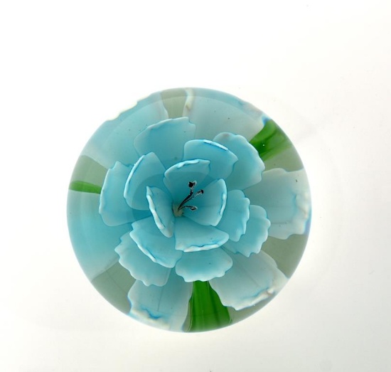 Unsigned Blue Flower Art Glass Paperweight