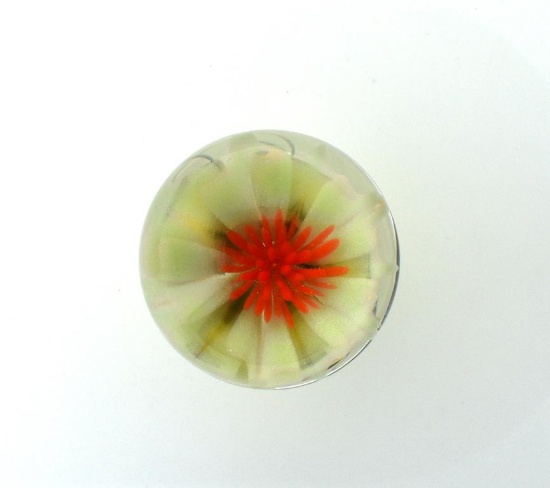 Rick Caffrey Boro Art Glass Orb/Marble”Honeydew” Etched “RPC 2016”, White Flower w/ Orange Ctr.