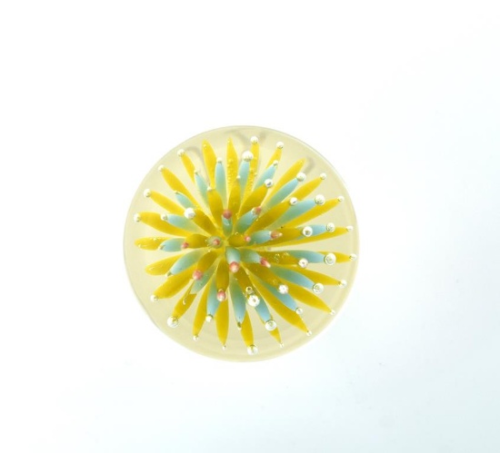 Rick Caffrey Boro Art Glass Orb/Marble Etched “RPC 2022”, Blue & Yellow Air-Trap