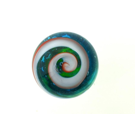 Keith Baker Art Glass Orb/Marble Etched “KB 91”, Peacock Corkscrew Swirl