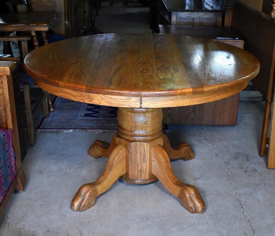 Vintage Walter of Wabash Oak Paw Footed Pedestal Dining Room Table with Extension Leaf Leaf