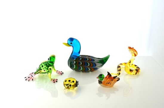 Lot of Five Art Glass Animal Figurines: Frog, Cobra, Two Ducks, & Lady Bug