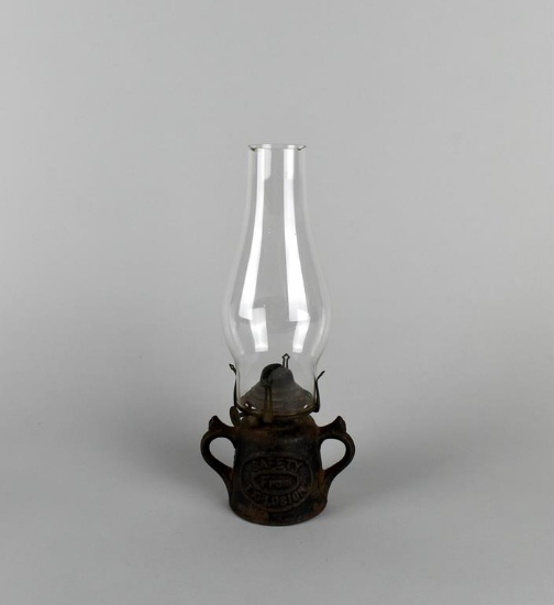 Antique AC Wells “Safety from Explosion” Unbreakable Cast Iron Oil Lamp