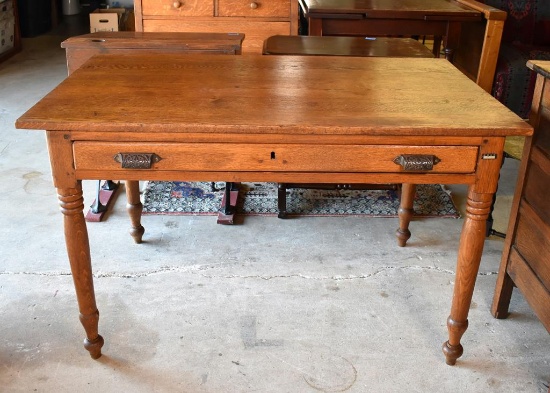 Antique Hand Made Oak Library Table with Map Drawer