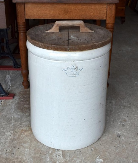 Large Old Robinson-Ransbottom 20 Gal. Stoneware Meat-Curing Crock with Handled Wooden Lid