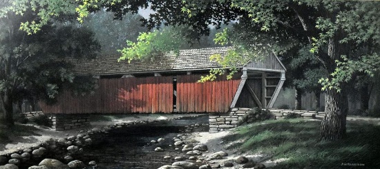 Jim Harrison (1936-2016, So. Carolina) Signed Ltd. Ed. Print (690/975) “Covered Bridge in Spring”